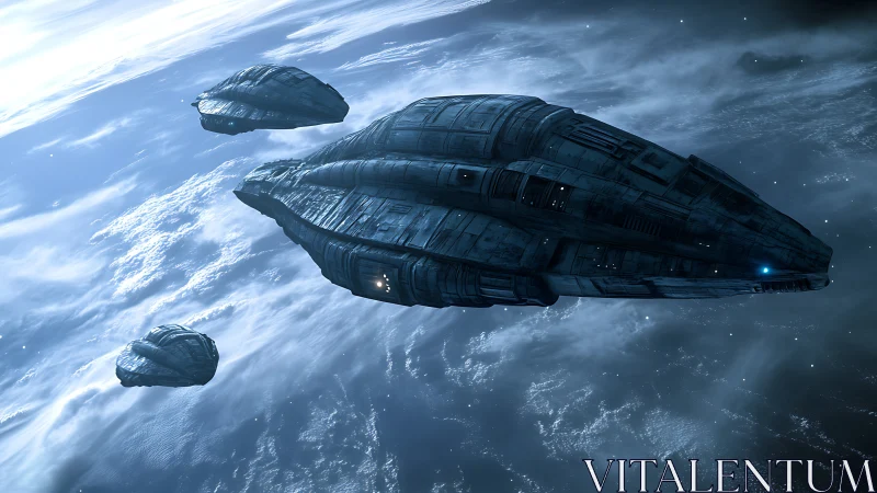 Massive starships glide above swirling storm-wrapped world