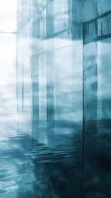 Vertical glass structures reflected in still blue water.