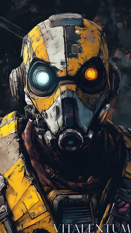 Weathered yellow combat android portrait with dual optic cores