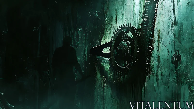Corroded industrial gear wall with silhouetted figure in toxic haze