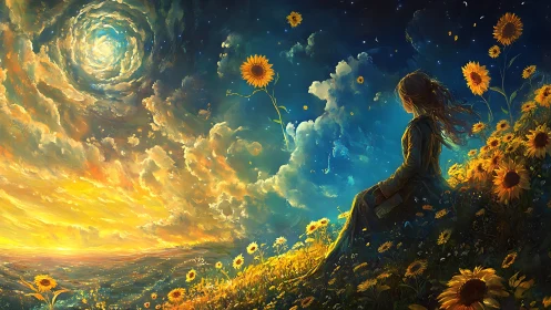 Luminous vortex sky over contemplative figure in sunflower field.