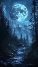 Moonlit forest trail under an enormous glowing night sky.