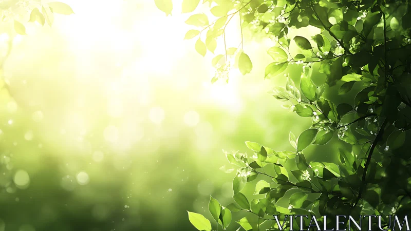 Sunlit green foliage with blurred background bokeh effect.