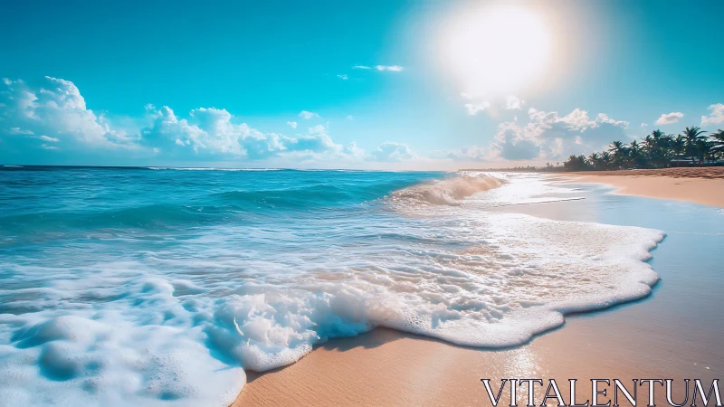 Sunlit tropical shoreline with turquoise rolling surf.