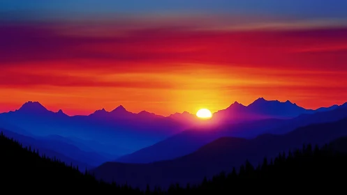 Glowing sunset hugging tranquil blue mountains in quiet calm.