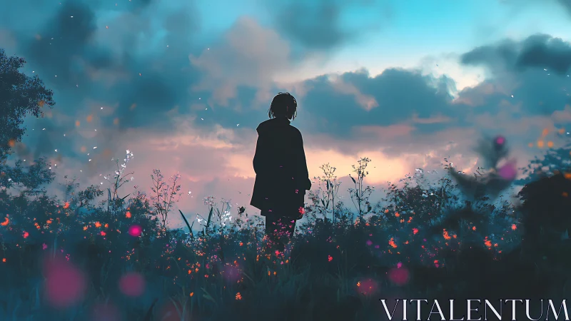 Solitary figure observing luminous dusk meadow in silhouette