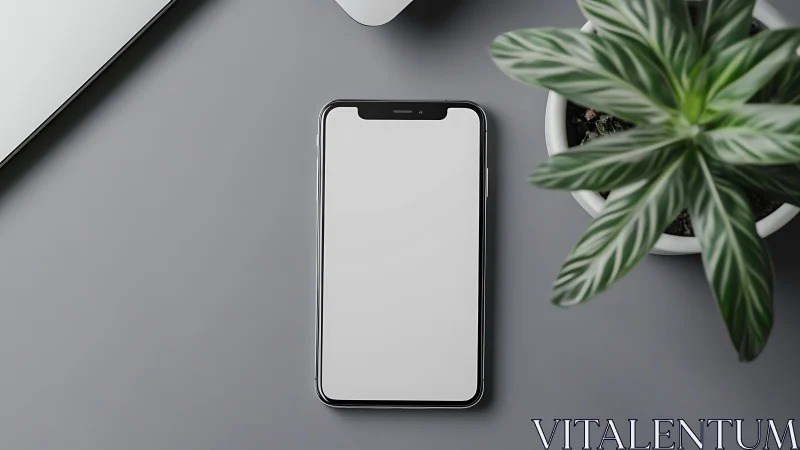 Smartphone with blank display on gray desk workspace.