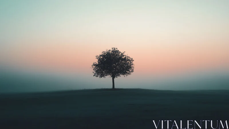 Photorealistic lone tree on horizon under pastel dawn sky.