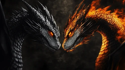 Twin elemental dragons in close confrontation profile.