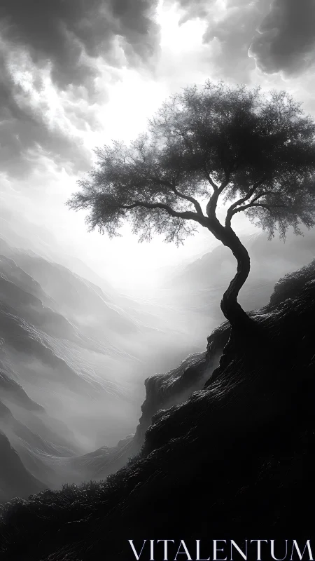 Solitary mountain tree quietly embraces the stormy light