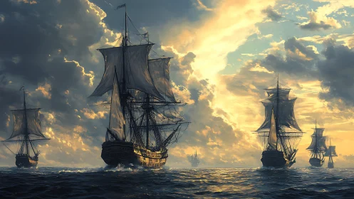 Multi-ship frigate flotilla under dramatic backlit storm clouds