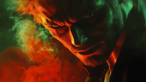 Intense antihero glares through red and green cinematic smoke