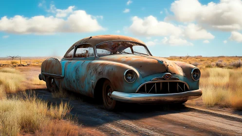 Weathered 1950s coupe rendered with high-detail rust shading and dust