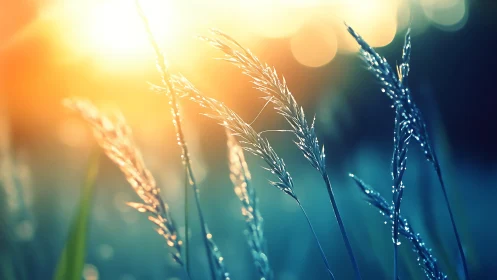 Sunlit meadow grasses glow softly in a dreamy golden haze