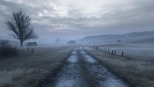 Rural dirt road extends through misty winter farmland