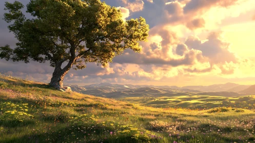 Lone hillside tree basks while rolling valleys drink sunset