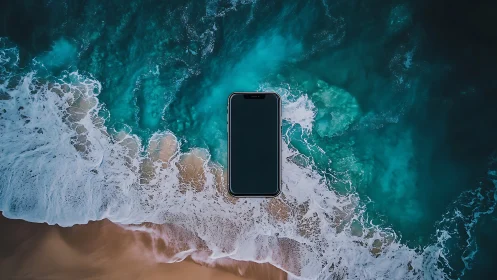 Smartphone centered over aerial view of ocean waves.