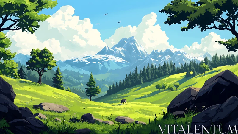 Mountain valley landscape shows layered terrain and clouds