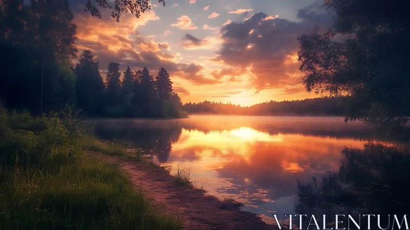 Sunset light reflects across calm forest lake water