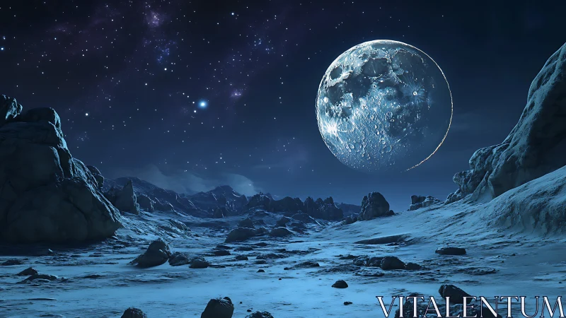 Lunar Ice Plateau Under Stellar Sky, 3D Cinematic Landscape.