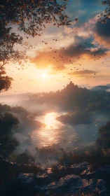 Sunlit river curls toward a distant castle in waking mist