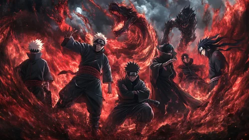 Dark ninja circle command swirling demonic fire vortex.