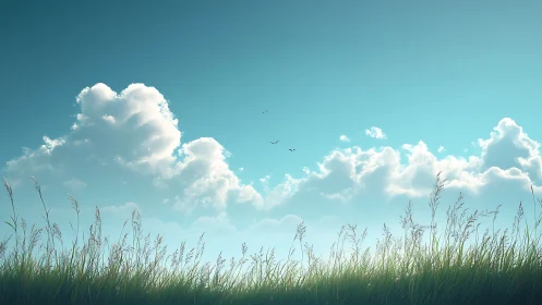 Serene grassy field under blue sky with fluffy clouds, digital art.