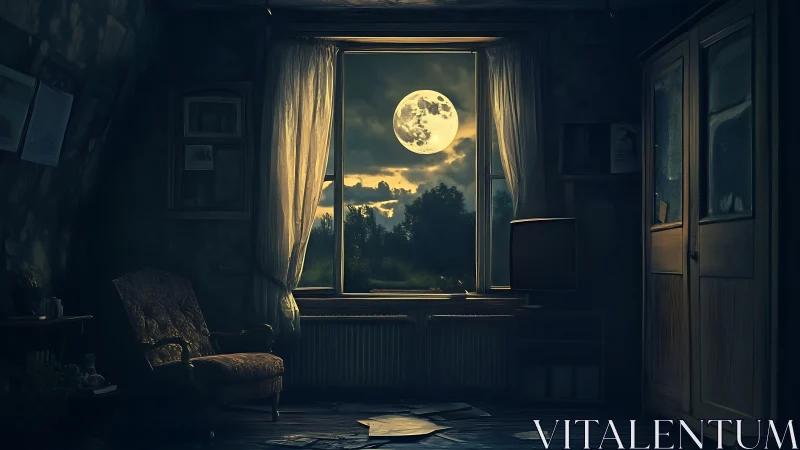 Full moon over dim attic room with worn vintage furniture.