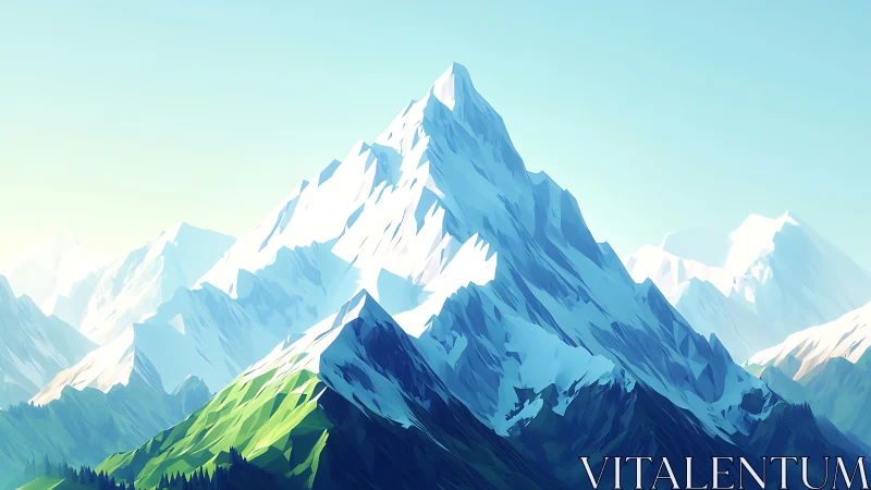 Geometric alpine peak under clear sky in digital style.