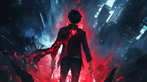 Backlit lone fighter walks through neon city with erupting red energy