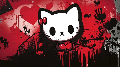 Graffiti-style cartoon cat with heart and splattered red wall.