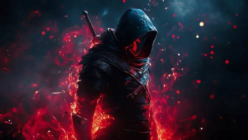 Hooded rogue warrior in flaming red aura, cinematic lighting