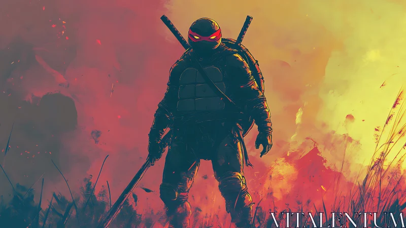 Armored mutant warrior in incendiary backlit battlefield haze.