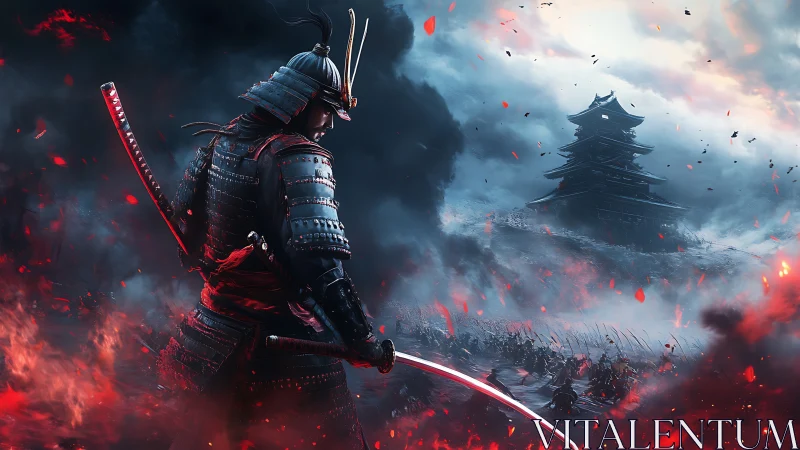 Armored samurai faces burning battlefield before fortress.