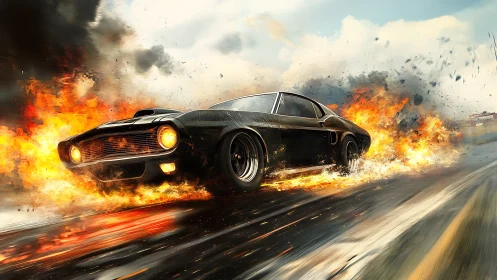 Muscle car drifts through fire with motion-blurred background
