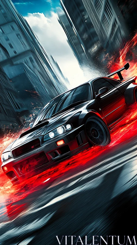 Black tuner car drifts through burning city street at speed