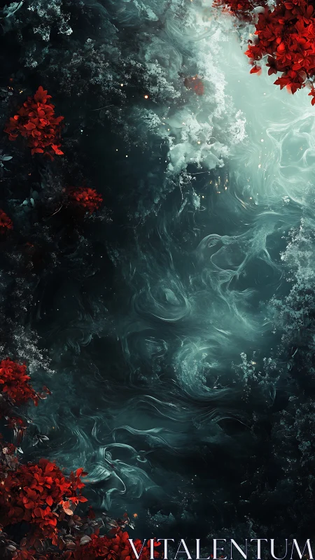 Red foliage borders swirling teal abstract liquid depth