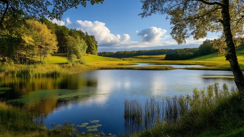 High-latitude pastoral lake with reflective still water surface