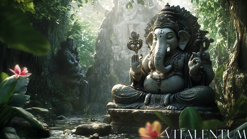Elephant-headed deity statue sits in dense forest clearing