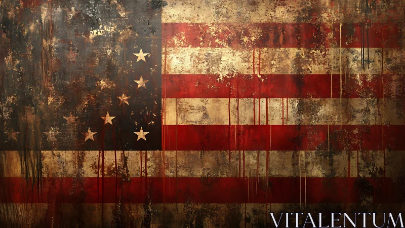 Weathered American flag rendered with grunge texture and drips