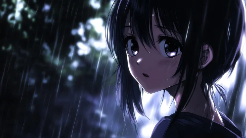 Rain-soaked anime girl rendered with cinematic backlighting