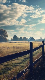 Low-angle rural pasture at sunrise with wooden fence and barn