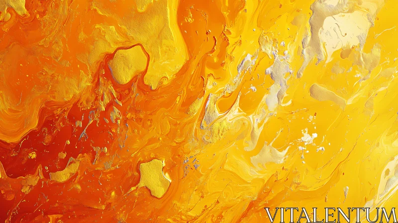 Vivid Abstract Orange and Yellow Fluid Art Painting with Metallic Accents.