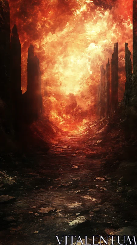 Ruined urban corridor with intense inferno conditions