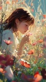 Girl smelling pink flower in glowing wildflower meadow.