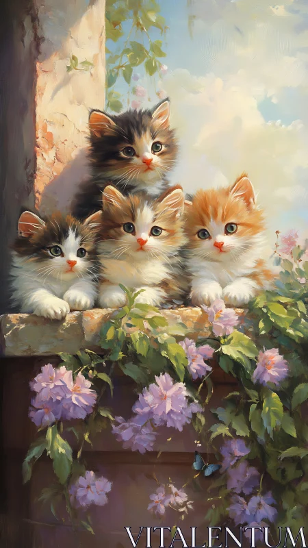 Four Calico Kittens Among Purple Flowering Vines at Sunlit Threshold.