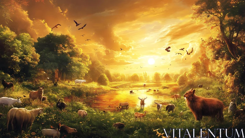 Golden meadow sunset gathers peaceful animals by the lake