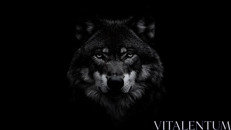 Midnight wolf portrait glowing softly from the darkness.