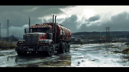 Weathered red tanker truck in bleak flooded landscape.