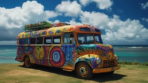 Psychedelic beach bus glows under vivid tropical daylight.